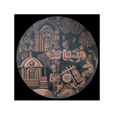 «Villager's Prayer», peinture circulaire sur toile - Art indien contemporain par Harshad Godbole, décoration murale spirituelle de 12 po de diamètre