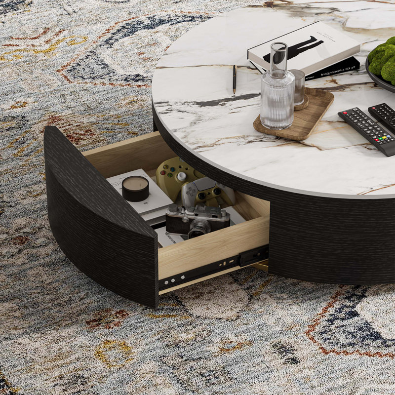  Table basse tambour, plateau en pierre frittée, 2 tiroirs en bois massif, entièrement assemblé, Noir, noir, noir, noir