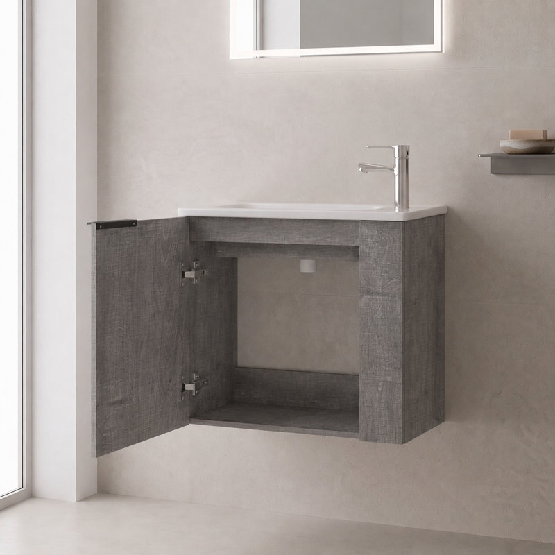 Meuble-lavabo flottant 22 po avec lavabo, porte en céramique, gris