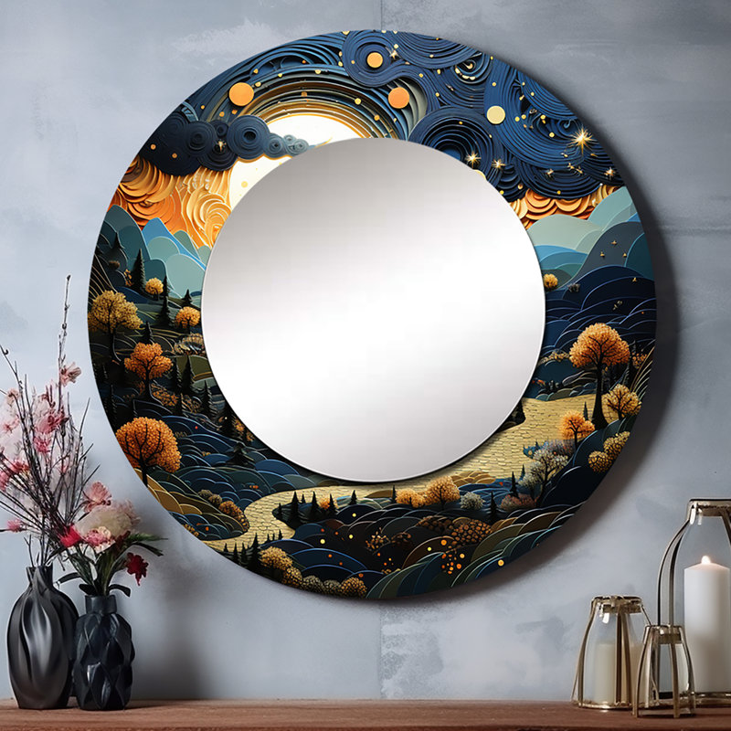 Surréalisme Dreamscapes River II - grand miroir mural, miroir unique moderne, impression sur métal, 29 po x 29 po, Rond