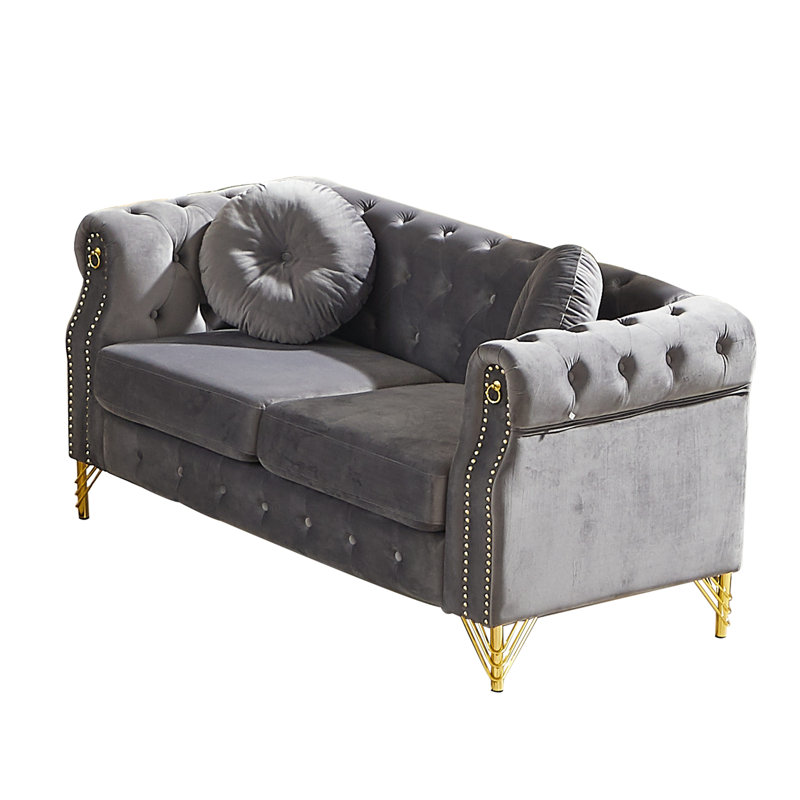 Ensemble de canapé de salon et causeuse en velours Chesterfield, 1 canapé causeuse et 1 canapé trois places, Gris