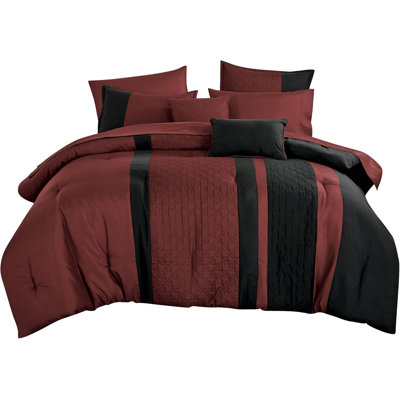 9-Piece Burgundy Black Comforter Set, Soft Geometric Striped Quilted Lightweight Bed in a Bag with Comforter & Sheet Set for All Seasons, California King Size
