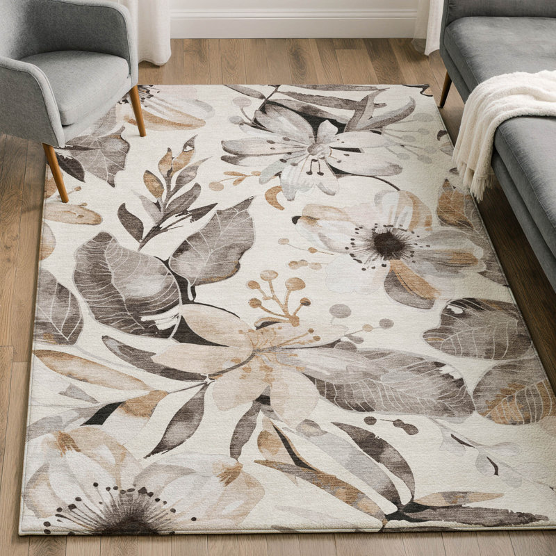 Tapis floral lavable à la machine de qualité supérieure Mayfield AMF2260, Ivoire ivoire, 3 pi x 5 pi