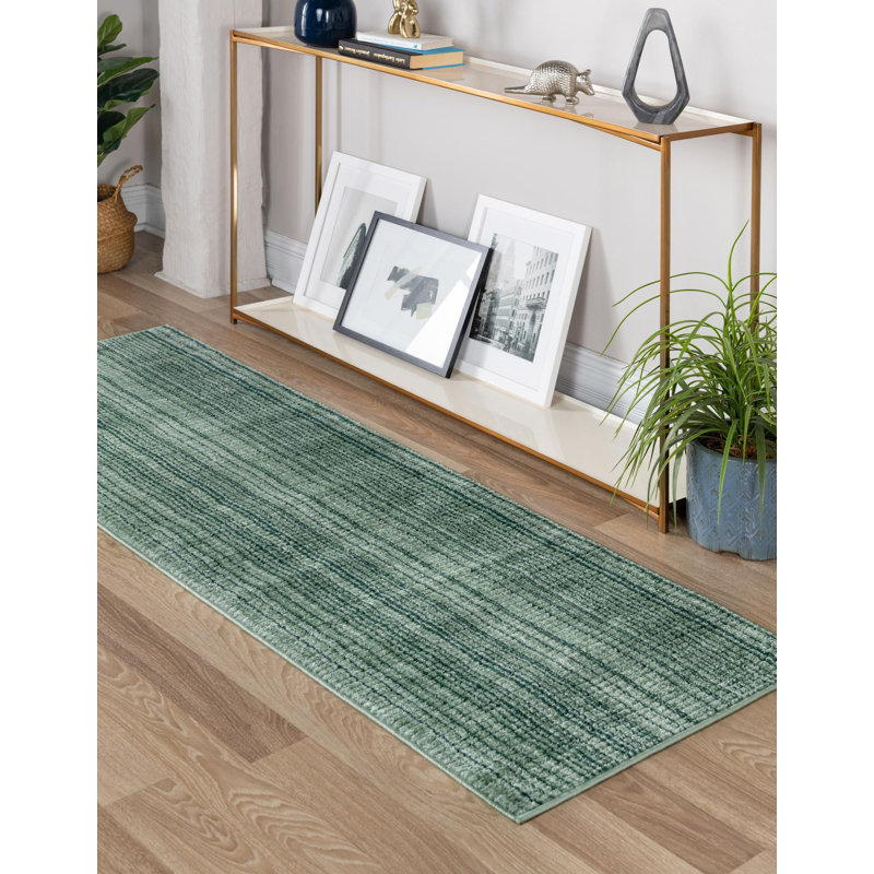 Tapis vert / gris à rayures Osteen, Green, Tapis de couloir 2 pi 2 po x 7 pi 1 po