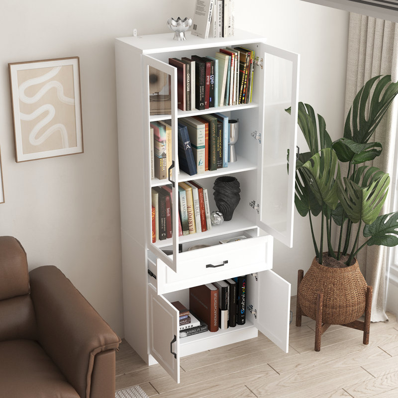 Bibliothèque blanche à 2 tiroirs avec portes en verre, (3 tablettes) H 78,7 po x l 31,5 po x P 15,7 po