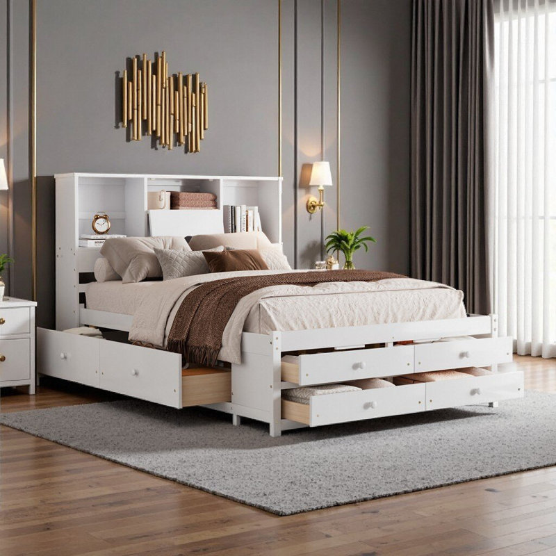 Grand lit plateforme avec tête de lit et rangement à 8 tiroirs - Blanc, bois massif et structure en bois aggloméré, aucun sommier nécessaire
