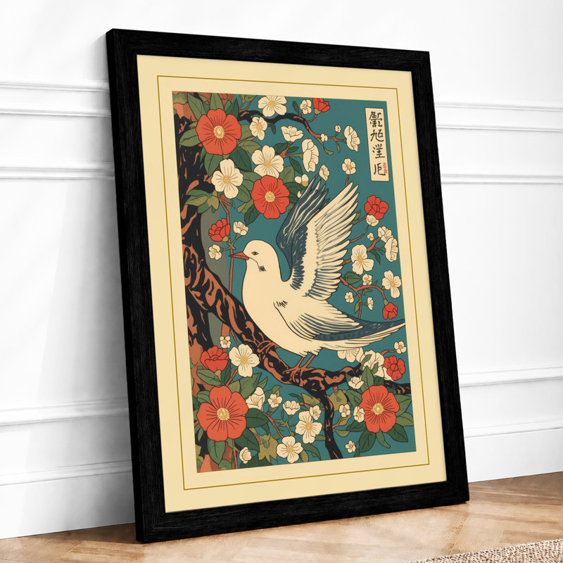 Dove Among Chrysanthemums Japandi - Print, A2 - 59.4 x 42.0 cm, Black