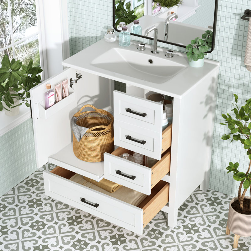 Bathroom Vanity With Sink, Bathroom Storage Cabinet With Soft Close Door, 3 Soft Close Drawers And Removable Tray, White