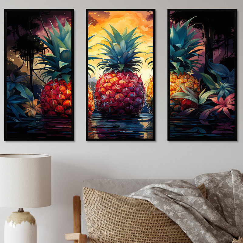 Ensemble de toiles murales ananas, Cadre flottant noir, H 28 po x l 36 po x P 1 po