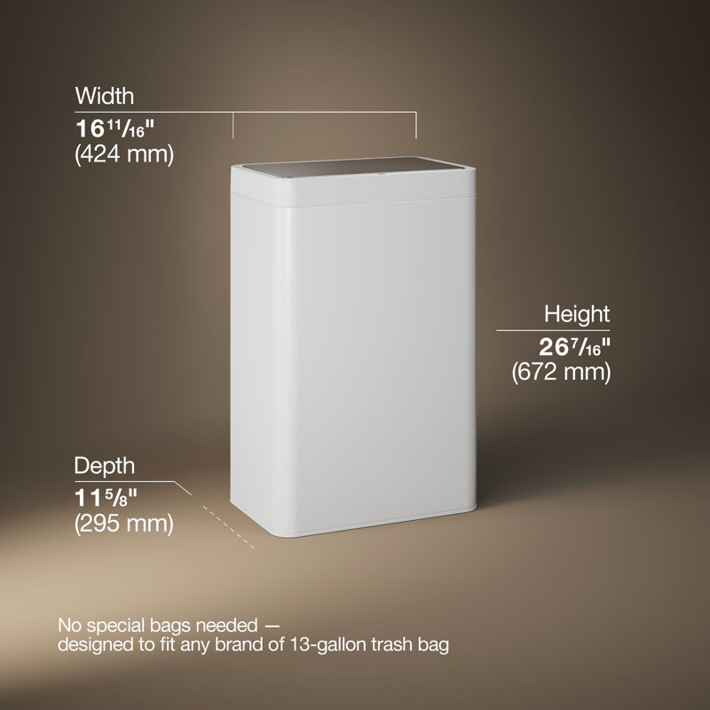 13-Gallon Touchless Stainless Steel Trash Can, Stainless Steel/White