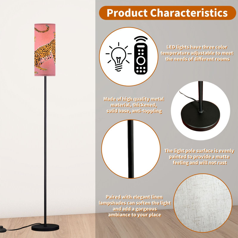  68.5" Standing Floor Lamp Seamless different wild leopards pink Dimmable Metal Pole Lamp with Linen Lampshade LED Bulb Included