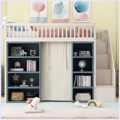 Modern Full Size Loft Bed with 2 Four-layer Storage Cabinets and Curtain