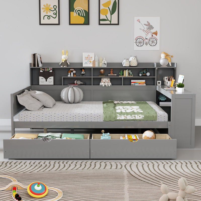 Lit de jour pour enfants pleine grandeur en bois avec tiroirs de rangement, lit multifonctionnel avec tablettes et bureau d'étude, gris