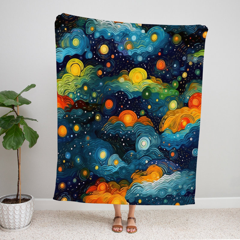 Throw Blanket, 68" W x 80" L, Abstract, Blue/Black/Yellow/Orange
