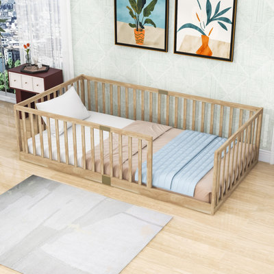Wood Floor Bed with High Safety Fence Railings