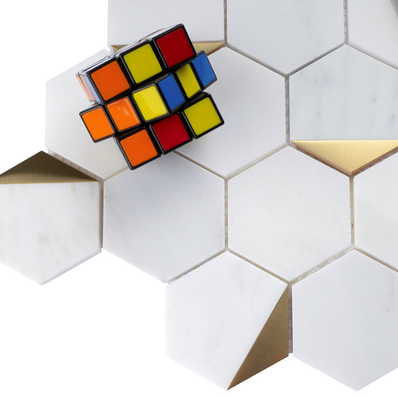 Natural 10.2 in. x 11.78 in. Hexagon Polished Marble Mosaic Tile, White/Gold