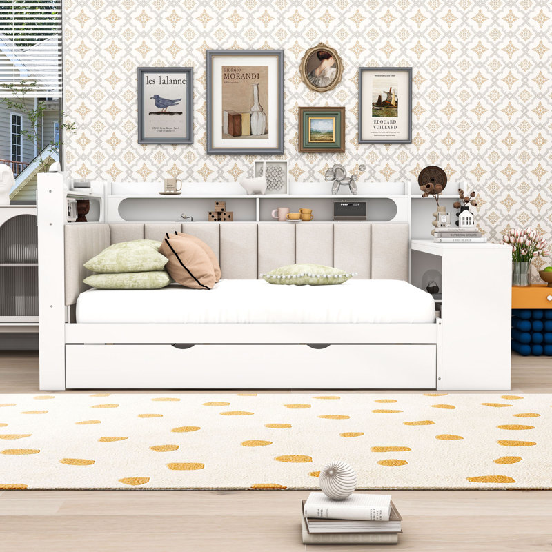 Full Wood Daybed with Trundle, LED Light, Charging Station and Desk, White/Beige