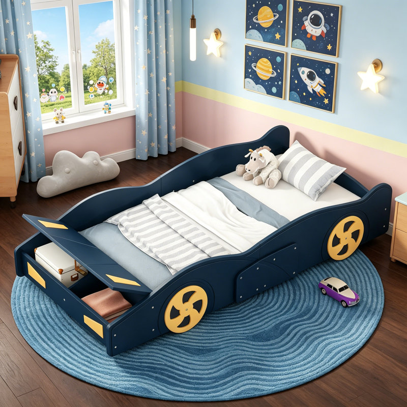 Lit plateforme simple en forme de voiture de course avec roues et rangement, bleu foncé et jaune, durable et élégant