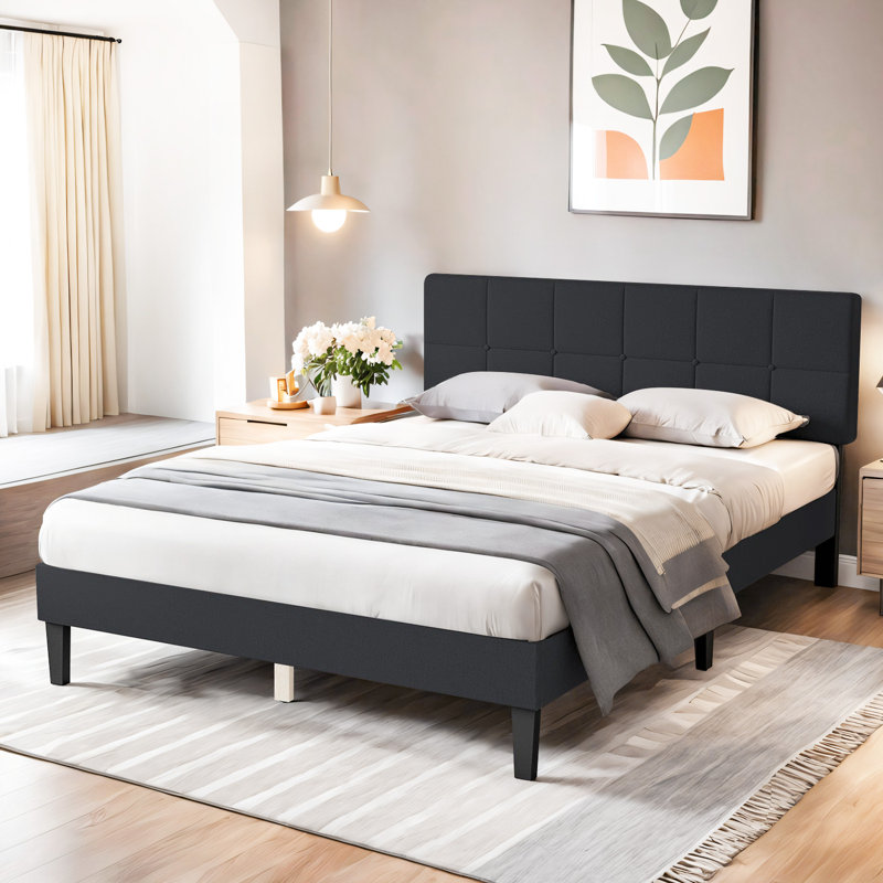 Platform Bed Frame with Upholstered Adjustable Headboard, No Box Spring Needed, Dark Grey, Queen