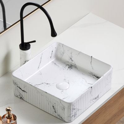 Black And White Marble - Coated Art Basin For Bathroom, 15" Square Vessel Sink, High Gloss Baked Glaze, Quick Drainage 14.84"X5.15" Bathroom Porcelain, Smooth