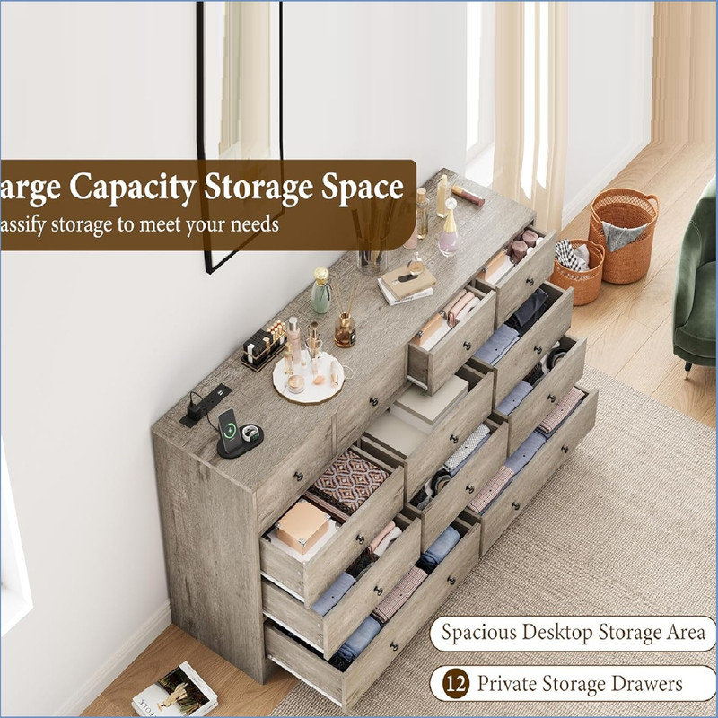61 " W 12 - Drawer Dresser, Gray