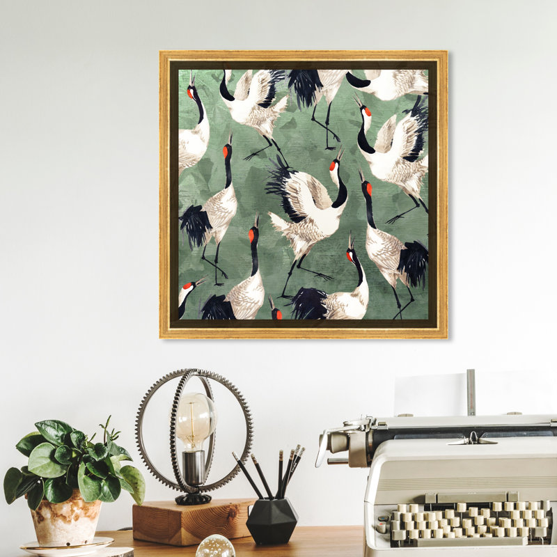 «Animals Grazing Cranes Birds», impression sur toile, H 12 po x l 12 po, Toile encadrée, Doré