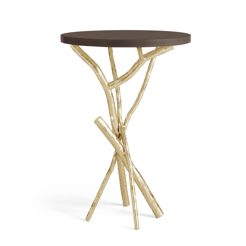 Brindille Wood Top Accent Table, Maple Espresso, Modern Brass