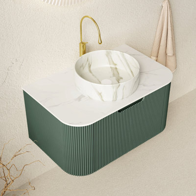 Meuble-lavabo 30 po, armoire de salle de bain en contreplaqué rayé à bords arrondis avec tiroir, vasque en céramique blanc mat et plateau en pierre frittée, pré-assemblé, couleur vert foncé