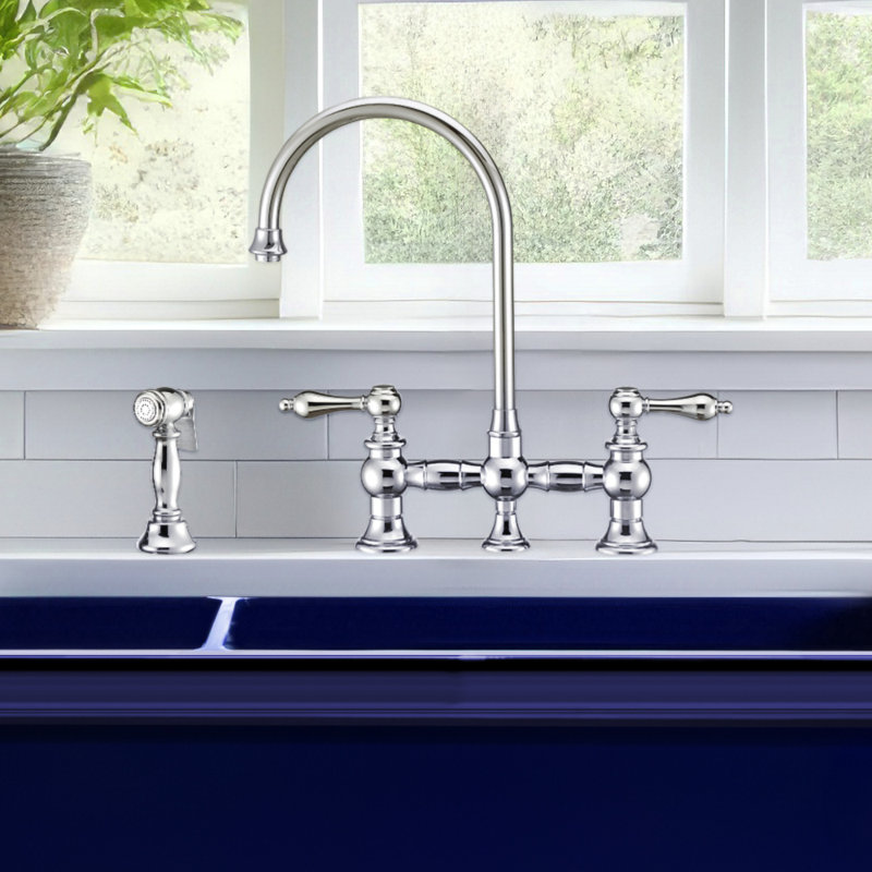 Whitehaus Collection Bridge Faucet with Long Gooseneck Swivel Spout, Lever Handles and Solid Brass Side Spray, Chrome