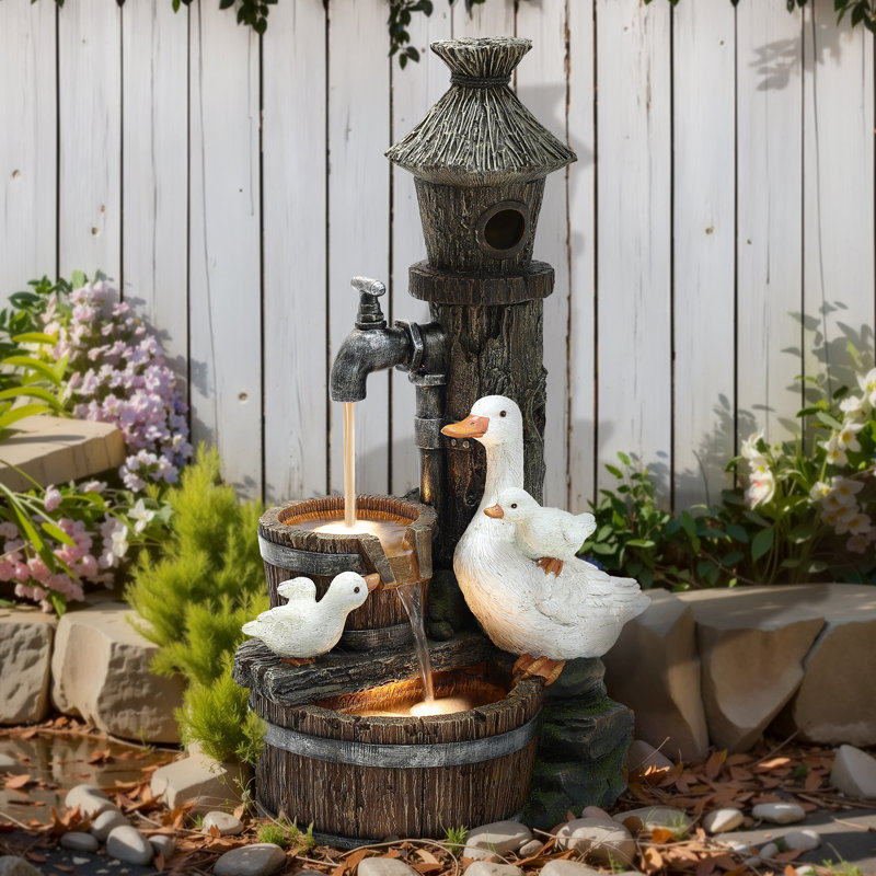 Ducks on the Farm and Birdhouse Outdoor Resin Fountain with Lights