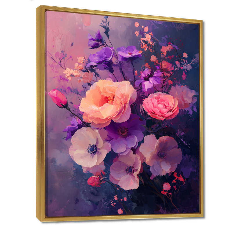 Paysage de rêve Sherita en bouquets assortis mauves et roses I - Assortiment de bouquets d'art mural, H 40 po x l 30 po, Doré
