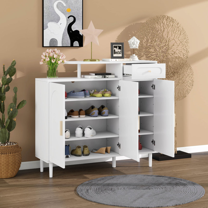 Shoe Cabinet With Adjustable Shelves, Solid Wood Legs, Arched Doors And Drawer, Storage Sideboard For Entryway, Living Room