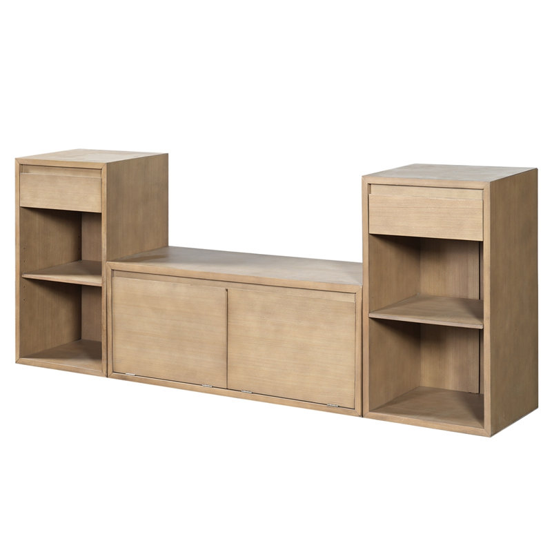 Banc de rangement tout-en-un avec tiroirs à compartiments coussinés et tablettes ouvertes pour les couloirs, Brun