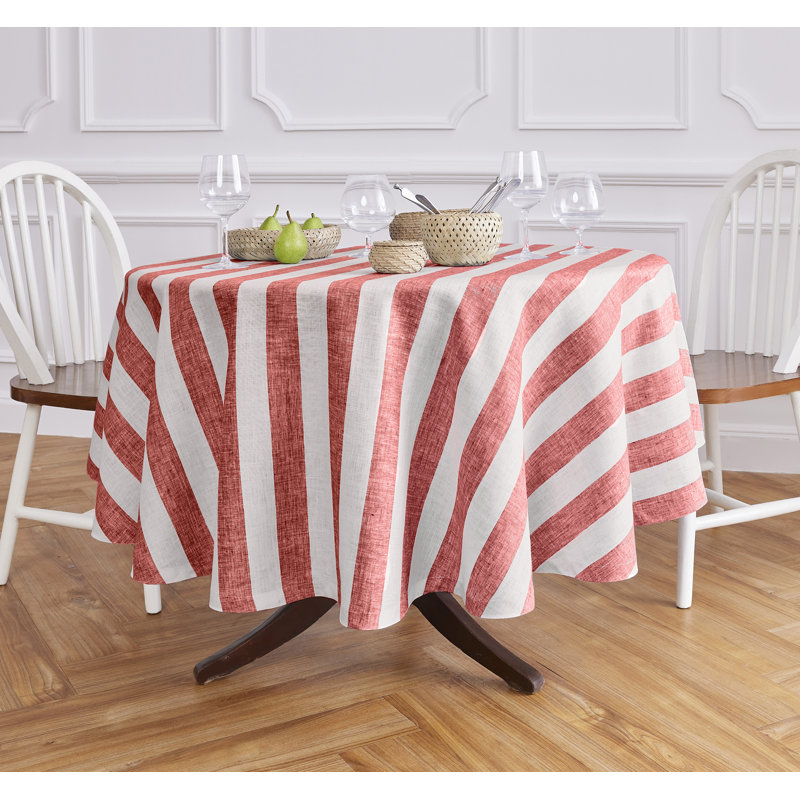 Cabana Stripe - 100% Pure Linen Round Tablecloth, 60" Round, Red and White