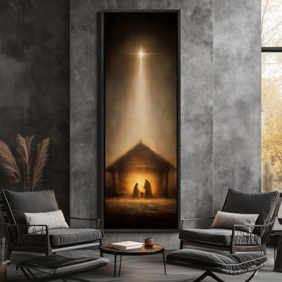 Holy Family Nativity Scene Under Bright Christmas Star Night Sky - Large Framed Canvas Master Bedroom Wall Art Print