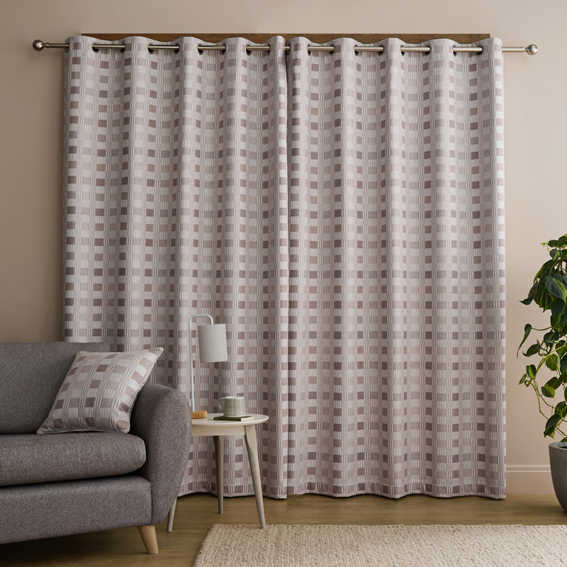 Wilson Check Blackout Thermal Eyelet Curtains, Beige, 90cm Width x 228.6cm Drop