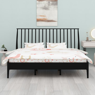 Wood Spindle Platform Bed With  Tall Headboard, With Wooden Slats And Metal Support, Mid-Century Modern Style