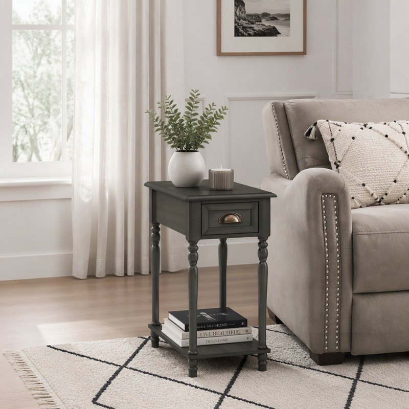 Table d'appoint en placage à 2 niveaux avec rangement, parfaite pour les espaces étroits et la chambre à coucher