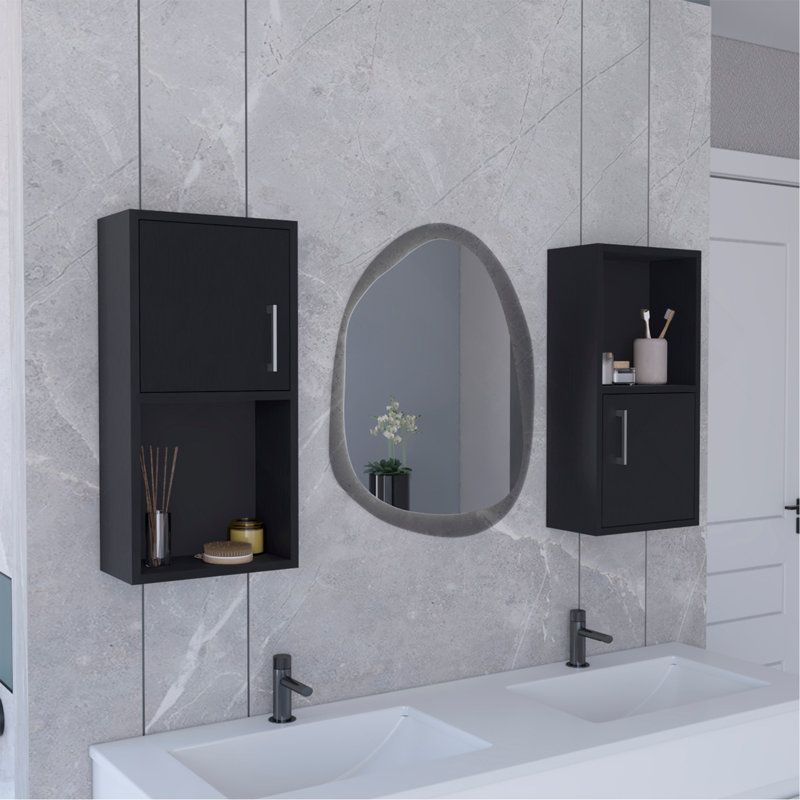2-Pc Wall-Mounted Bathroom Medicine Cabinet With Open And Closed Storage, Black