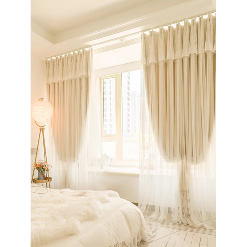 2Pcs French Cream-Colored Tulle Lace Bedroom Curtains - Fairy-Like, Simple And Elegant Finished Curtains, 52" W x 95" L