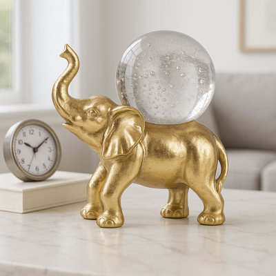 Gold Resin 9" Elephant With Crystal Ball - Enchanting Polyresin Sculpture Decor Piece for Inspired Living Spaces