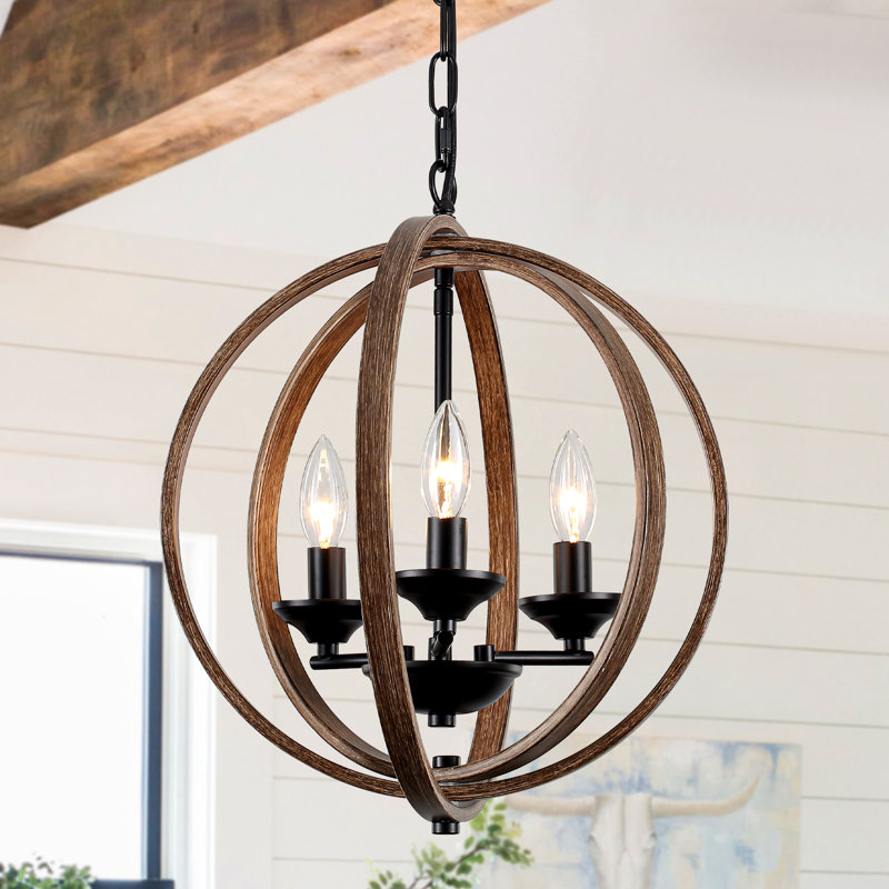 Georffrey 3 - Light 15" Wide Dimmable Candle Style Globe Sphere Chandelier, Black/Imitation Wood Grain