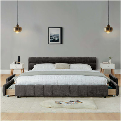 Lit tapissier californien, cadre de lit rembourré confortable, tissu chenille, avec tête de lit et cadre de lit uni