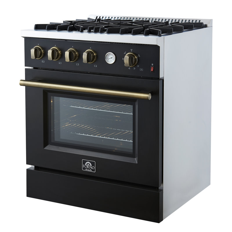 Cuisinière à gaz 30 pouces Marco en noir ou blanc et laiton antique, 4 brûleurs 37 000 BTU, 4,32 pieds cubes Four à convection avec jauge de température intégrée