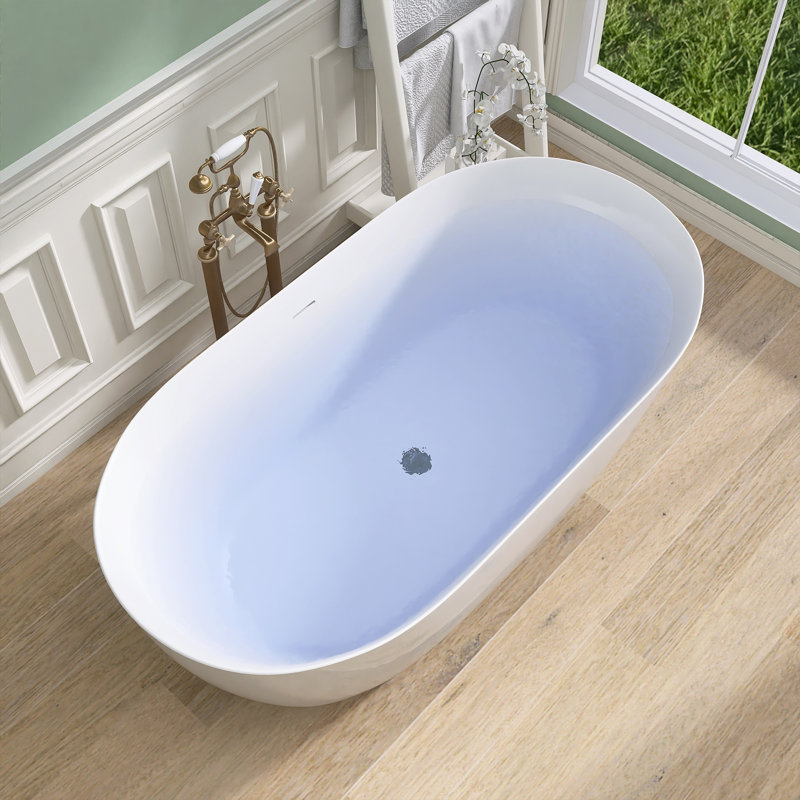 Acrylic Freestanding Bathtub 59'' x 30'' Stand Alone  Deep Soaking Tub with Pop-up Center Drain, Glossy White