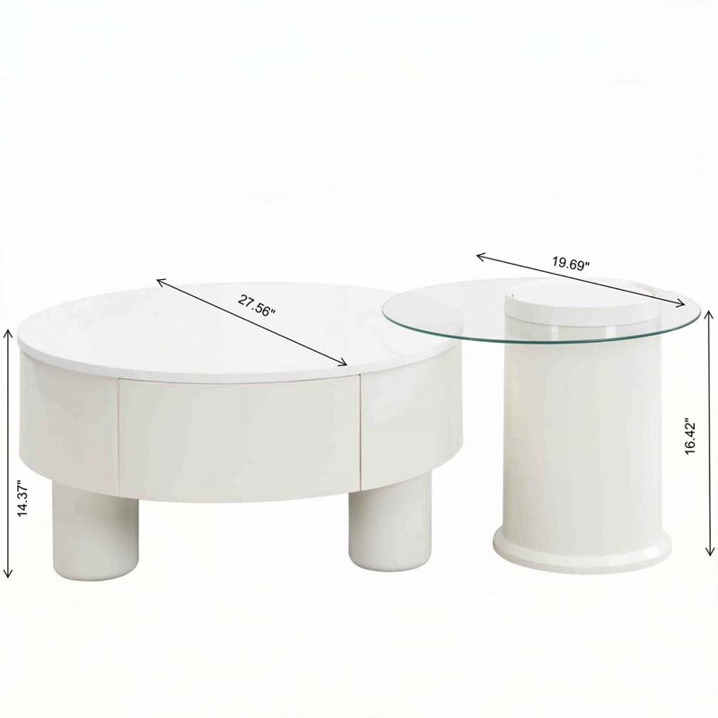 Ensemble de 2 tables basses rondes gigognes, Blanc cassé, Blanc cassé