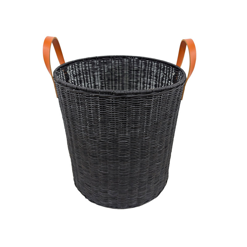 Cole and Grey Rattan Handmade Woven Black Decorative and Functional Storage Basket with Brown Leather Handles, Black