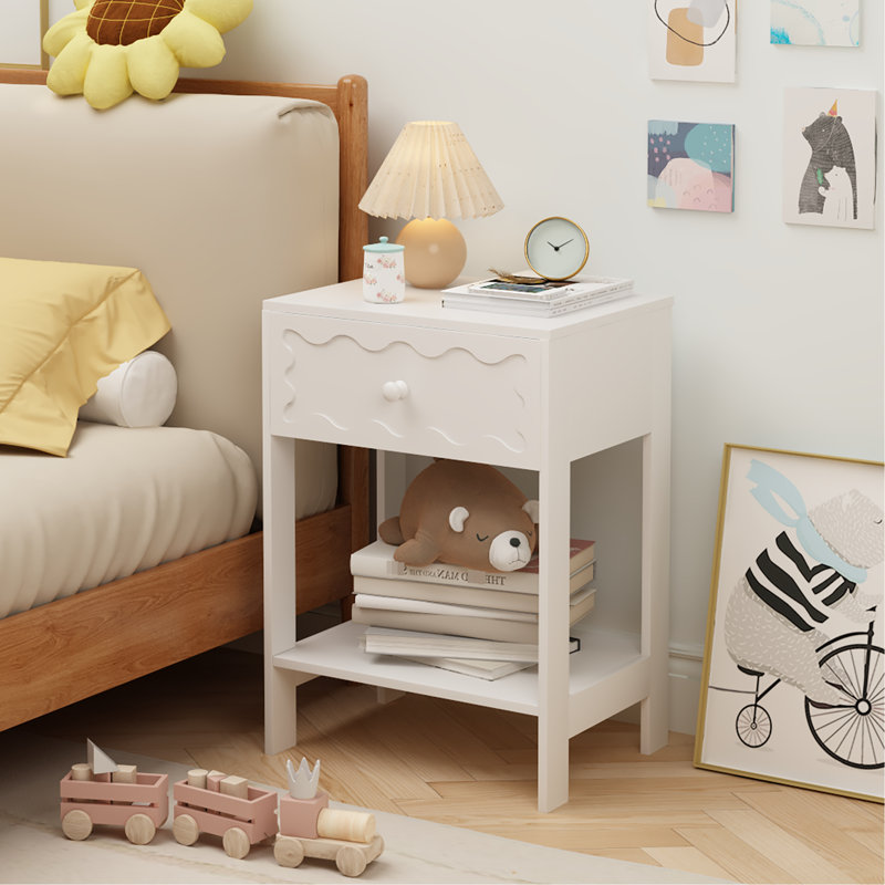 Table de chevet blanche avec tiroir et tablette ouverte, conception à vagues moderne pour les espaces compacts de la chambre à coucher, construction, double motif de rangement ou salon, bois massif et facile à installer