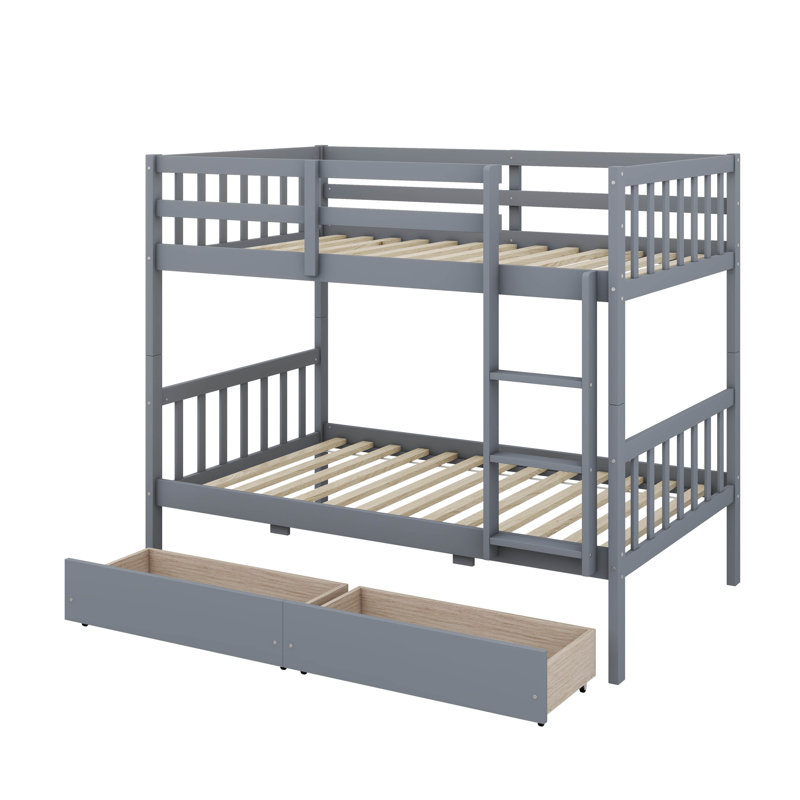 Lit superposé simple au-dessus de simple avec deux tiroirs et convertible en 2 lits, Gris