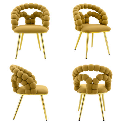 Velvet Dining Chairs Set Of 4, Modern Upholstered Accent Chairs With Puffy Bubble Ball Chain Chair And Gold Legs For Dining Room & Kitchen